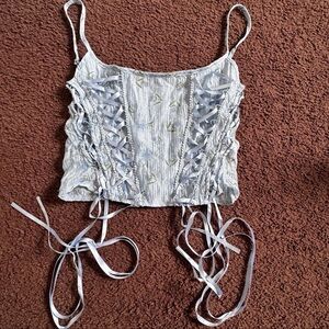 PrettyLittleThing Size S 4Blue Floral Lace-Up Corset Camisole Crop Top Coquette